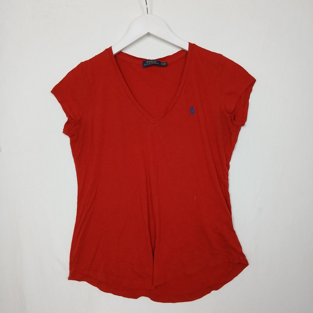 Polo Ralph Lauren Womens Red V-Neck Pony Logo T-Shirt Size Small